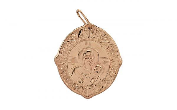 Фото золотая ладанка ПВ740 овальной формы с четырьмя крестами по сторонам, изображение Дева Мария с Младенцем средний вес изделия 2.24 грамма