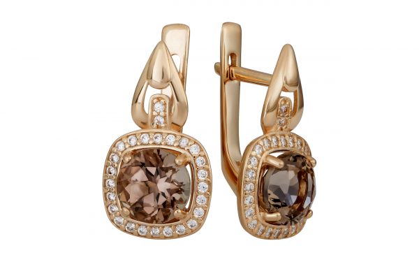 Сережки золоті зі вставкою димчастий кварц і фіанітами СН2033 Золотые серьги СН2033