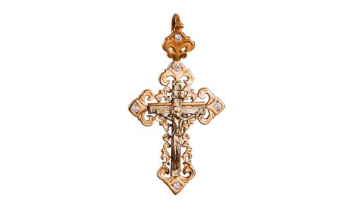 фото Золотой крестик с бриллиантами КРД005 с распятием и Ииусом