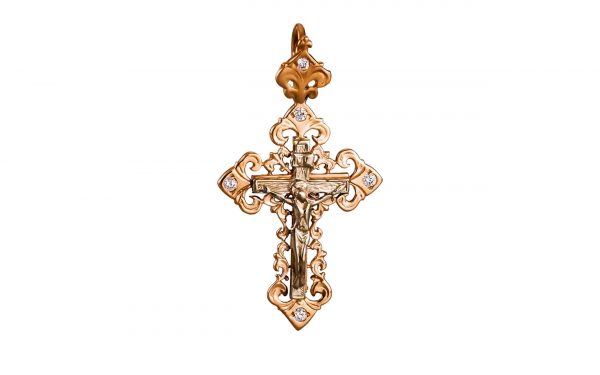 фото Золотой крестик с бриллиантами КРД005 с распятием и Ииусом