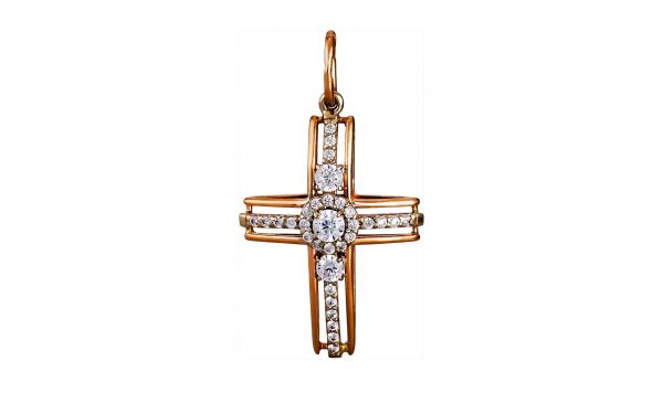 Золотой крестик с бриллиантами КРДН130 фото великолепный Золотой крестик с бриллиантами и сапфирами КРДН130 средним весом 2,87 грамма