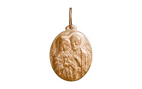 Золотая ладанка ПВ1190 Фото золотая ладанка ПВ1190 овальной формы, без украшений, изображение св. Февронии и св. Петра, средний вес изделия 1.27 грамма