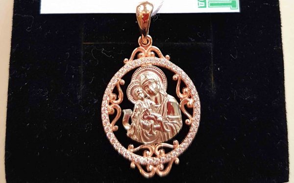 Золотая ладанка ПВ1377 фото ладанка золотая ПВ1377 с изображением божьей матери и Иисуса на руках