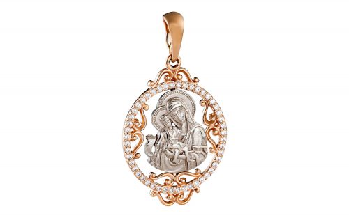 Золотая ладанка ПВ1377 Фото золотая ладанка ПВ1377 круглая, украшена фианитами, изображение мадонны с младенцем, средний вес изделия 2.95 грамма