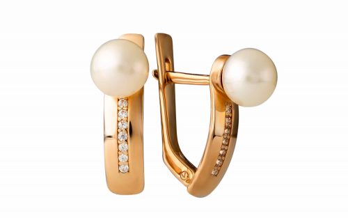 Фото Золотые серьги с жемчугом и фианитами СВ2182 средний вес 3.04 грамма